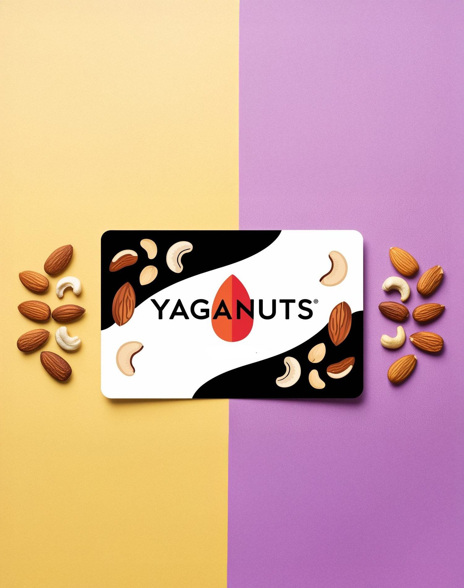 Carte YagaNuts avec amandes et noix de cajou sur fond jaune et violet.
